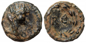 SYRIA. Beroea. Pseudo-autonomous issue. Ae (bronze, 0.68 g, 10 mm). Veiled head of Tyche right. Rev. BЄ within wreath. RPC 3862. Nearly very fine. Rar...