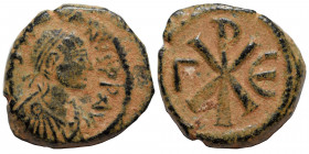 Justin I, 518-527. Pentanummium (bronze, 2.30 g, 15 mm), Constantinople. D N IVSTINVS P P AV Pearl diademed, draped, cuirassed bust right. Rev. Large ...