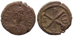 Justin I, 518-527. Pentanummium (bronze, 1.89 g, 14 mm), Constantinople. D N IVSTINVS P P AV Pearl diademed, draped, cuirassed bust right. Rev. Large ...