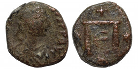 Justin I, 518-527. Pentanummium (bronze, 1.30 g, 12 mm), uncertain mint (Constantinople?). D N IVSTINVS P P AVI Diademed, draped and cuirassed bust of...