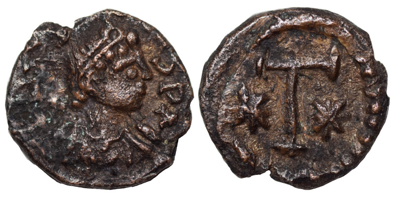 Justin I, 518-527. 1/2 Nummus (bronze, 0.62 g, 11 mm), Thessalonica. Diademed, d...