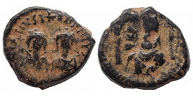 Justin I, with Justinian I, 527. Pentanummium (bronze, 2.21 g, 13 mm), Antioch. +D N IVSTINVS ЄT IVSTINIANVS P P A Diademed, draped, and cuirassed bus...