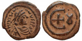 Justinian I, 527-565. Pentanummium (bronze, 2.12 g, 16 mm), Theoupolis (Antioch), circa 546-551. D N IVSTINIANVS P P A Diademed, draped and cuirassed ...
