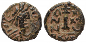 Justinian I, 527-565. Decanummium (bronze, 2.22 g, 14 mm), Cyzicus. Diademed, draped, and cuirassed bust right. Rev. Large I; cross above, A/N/N/O X/X...