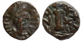 Justinian I, 527-565. Decanummium (bronze, 1.89 g, 11 mm), Cyzicus. Diademed, draped, and cuirassed bust right. Rev. Large I; cross above, A/N/N/O X/X...