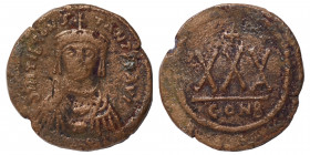 Tiberius II Constantine, 578-582. 3/4 Follis or 30 Nummi (bronze, 10.16 g, 33 mm), Constantinople, struck 579-582. d M TIЬ CONS-TANT P P AVI Crowned, ...