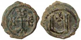 Tiberius II Constantine, 578-582. Pentanummium (bronze, 1.78 g, 15 mm), Theoupolis (Antioch). Monogram of Tiberius II Constantine. Rev. Large Ч; above...