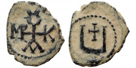 Maurice Tiberius, 582-602. Pentanummium (bronze, 1.46 g, 17 mm), Theoupolis (Antioch). Monogram 15 of Maurice Tiberius. Rev. Large Ч; above, cross. DO...