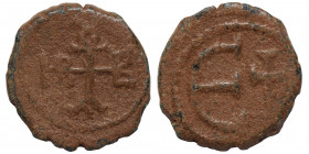 Maurice Tiberius. 582-602. Pentanummium (bronze, 1.37 g, 14 mm). Theoupolis (Antioch). Monogram. Rev. Large Є; cross to right. SB 542 var (monogram). ...