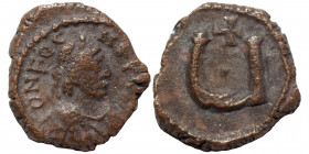 Phocas, 602-610. Pentanummium (bronze, 1.32 g, 13 mm), Constantinople. d m FOC P P AV Diademed, draped, bearded and cuirassed bust of Phocas to right....