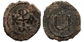 Phocas, 602-610. Pentanummium (bronze, 1.39 g, 14 mm), Antioch. Monogram of Phocas. Rev. Large Є; to right, cross. DOC -; MIB 89; SB 676A. Nearly very...
