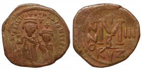 Heraclius, with Heraclius Constantine, 610-641. Follis (bronze, 11.39 g, 30 mm), Cyzicus, RY 3 = 612/3. δδ NN hERACLIЧS ET hRA CONST PP AV Heraclius, ...