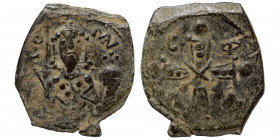 Alexius I Comnenus, 1081-1118. Tetarteron (bronze, 2.27 g, 21 mm). Half-length imperial bust facing, wearing loros, holding cruciform scepter in his r...