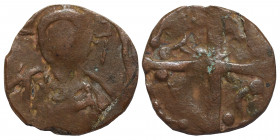 Uncertain, late Byzantine (?) follaro (bronze, 1.43 g, 19 mm). Christ facing. Rev. Cross with two pellets in upper angles. Nearly very fine.