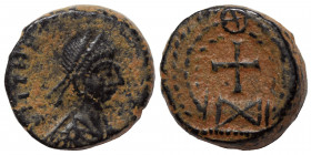 Roman Imperial. Theodosius II, 402-450. Nummus (bronze, 1.24 g, 10 mm). Cyzicus, 425-435. D N THE[ODOSIVS P F AVG] Pearl-diademed, draped and cuirasse...