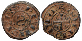 CRUSADERS. Principality of Antioch. Bohémond III, 1149-1163. Denier (bronze, 0.76 g, 17 mm). +PRIN•CEPS, retrograde S flanked by four pellets. Rev. +A...