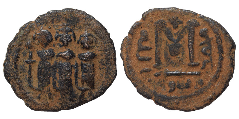 Umayyad Caliphate. Circa 680-700. Fals (bronze, 2.18 g, 20 mm). Tabariyya (?) mi...