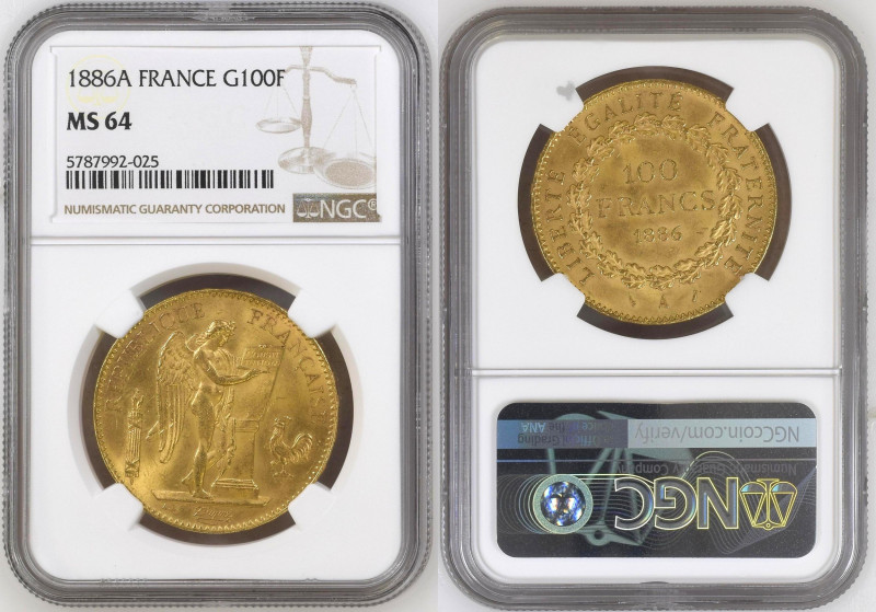 France 100 Francs 1886 A; NGC MS64, KM# 832, Gad-1137, Fr-552; Gold (.900) 32,26...