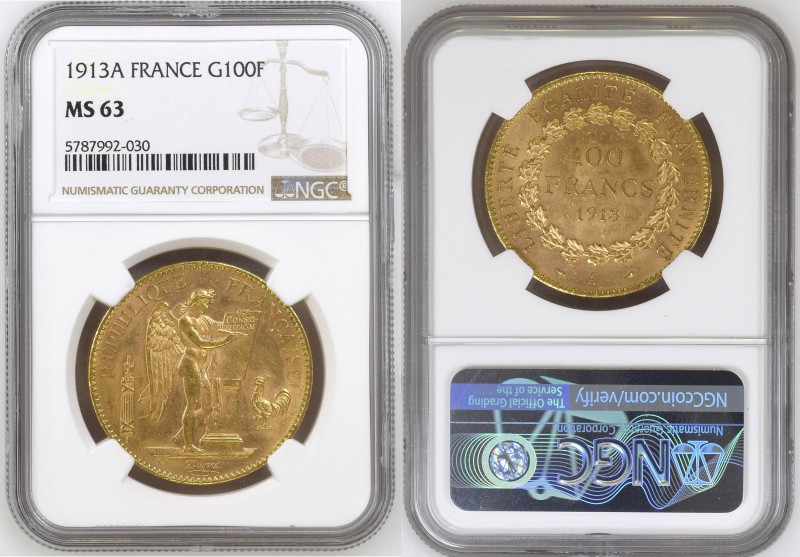 France 100 Francs 1913 A; NGC MS63, KM# 858; Gad 1137A, Fr-553; Gold (.900) 32.2...