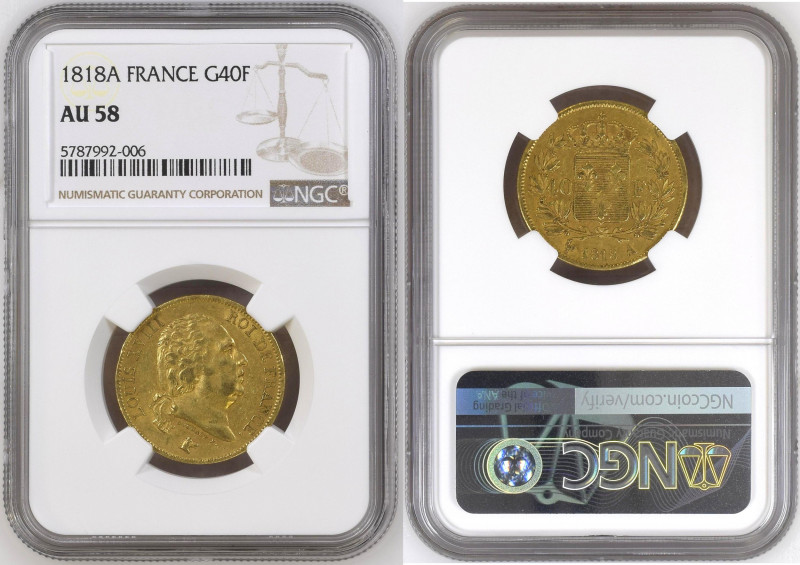 France 40 Francs 1818 A; NGC AU58, KM713.1, F#542; Napoleon I. Gold (.900) 12,9 ...