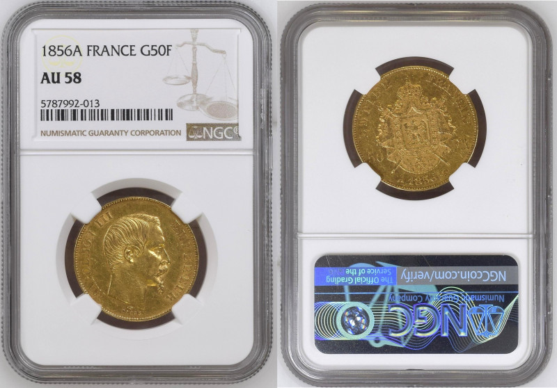 France 50 Francs 1856 A; NGC AU58, Paris mint, KM785.1 Napoleon III; Mintage: 97...