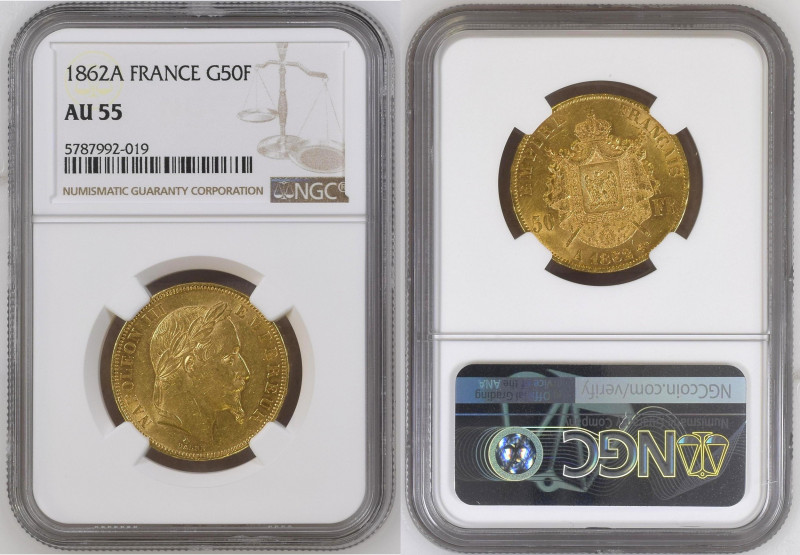 France 50 Francs 1862 A; NGC AU55, Paris mint, KM785.1, Gad-1112; Napoleon III; ...