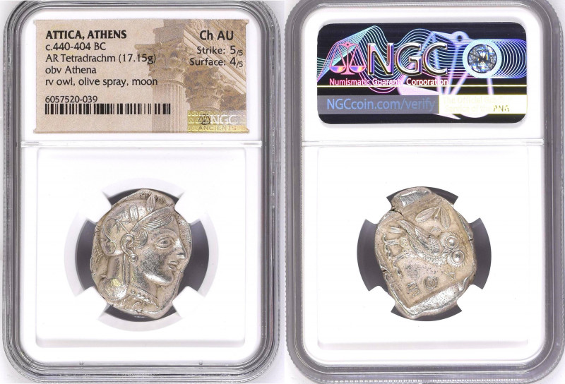 Athens. Ca. 440-404 BC. AR tetradrachm (23mm, 17.21 gm, 7h). NGC Choice AU 5/5 -...