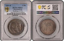 German States WÜRTTEMBERG 3 Mark 1911 F PCGS MS-64