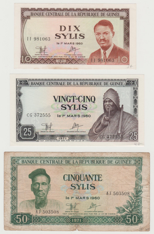 Guinea - 10, 25, 50 Sylis - 1971 - Lot of 3 Banknotes - Pick-16, 17, 18