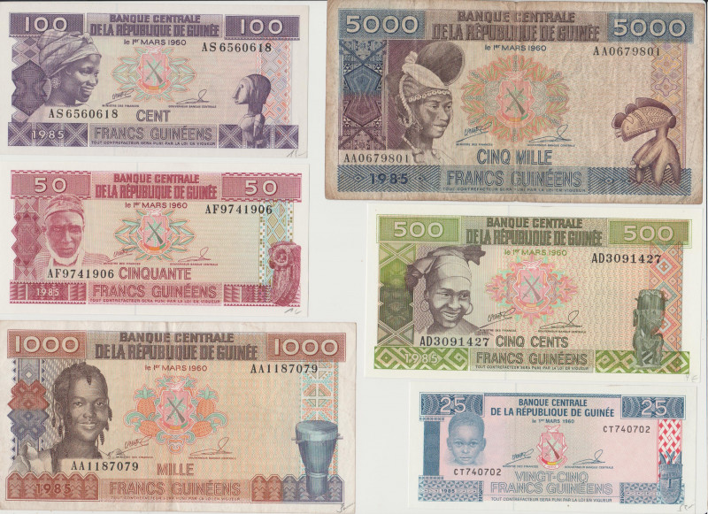 Guinea - 25, 50, 100, 500, 1000, 5000 Francs - 1985 - Lot of 6 Banknotes - Pick-...