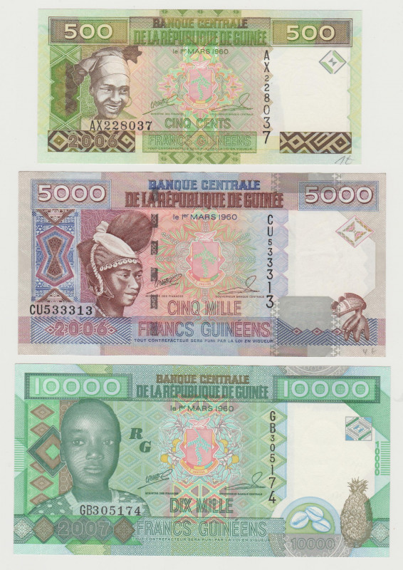 Guinea - 500, 5000, 10000 Francs - 2006, 2008 - Lot of 3 Banknotes