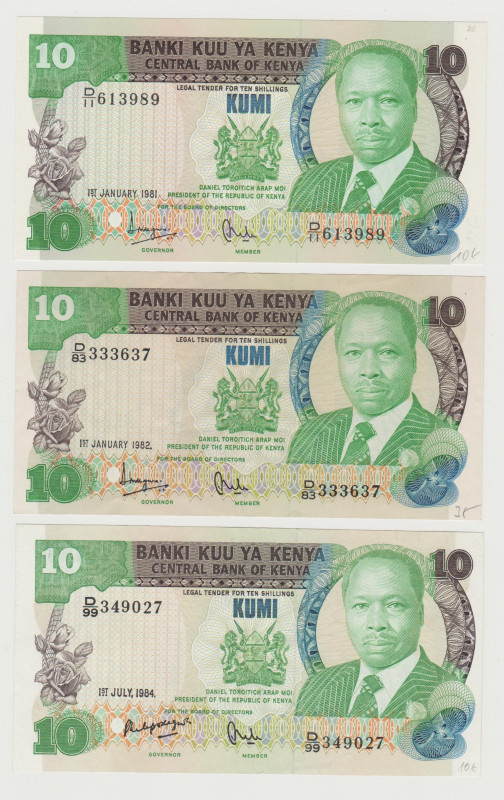 Kenya - 10 Shillings - 1981, 1982, 1984 - Lot of 3 Banknotes - Pick-20a, b, c