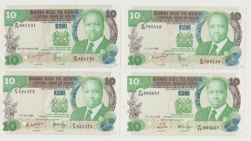 Kenya - 10 Shillings - 1985, 1986, 1987, 1988 - Lot of 4 Banknotes - Pick-20d, e...