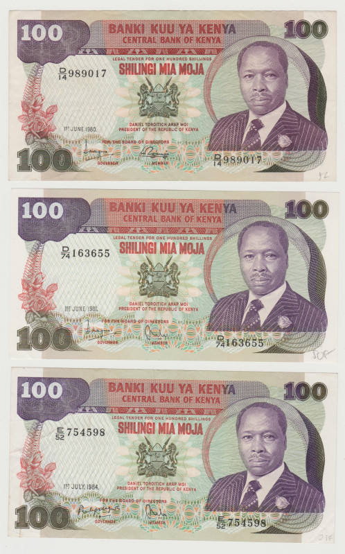 Kenya - 100 Shillings - 1980, 1981, 1984 - Lot of 3 Banknotes - Pick-23a, b, c