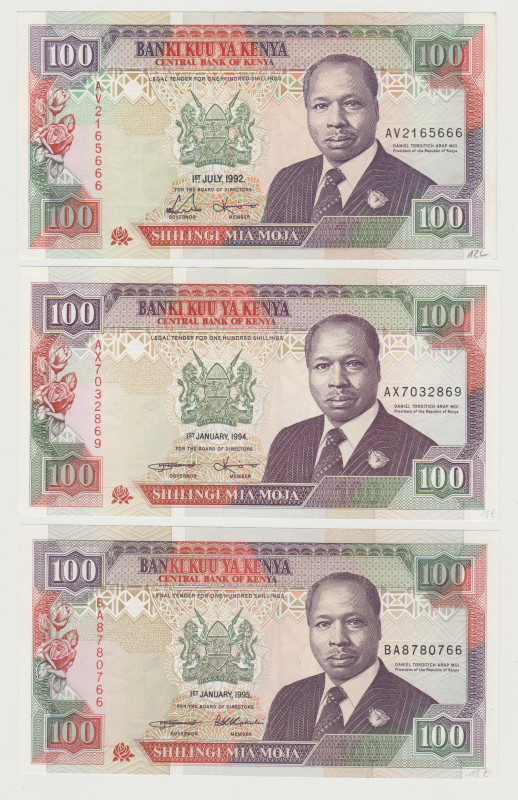 Kenya - 100 Shillings - 1992, 1994, 1995 - Lot of 3 Banknotes - Pick-27e, f, g