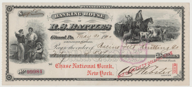 USA - Banking House of R.S. BATTLES - Bank Check