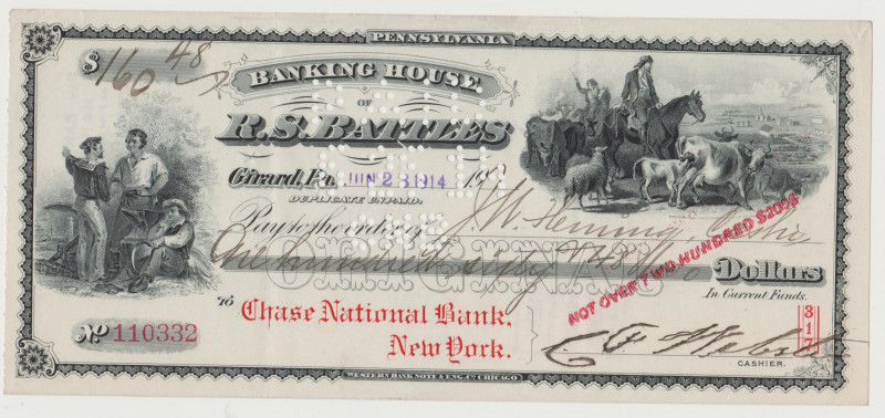 USA - Banking House of R.S. BATTLES - Bank Check