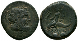 CALABRIA, Brundisium. Sextamte. (Ae. 17,61g/29mm). 245-215 a.C. (SNG Copenhagen 715). Anv: Cabeza laureada de Poseidón a derecha, detrás Victoria coro...