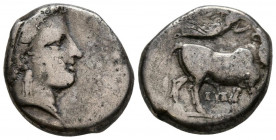 CAMPANIA, Neapolis. Didracma. (Ar. 7,13g/19mm). 300 a.C. (HN Italy 577). Anv: Cabeza didemada de ninfa a derecha. Rev: Toro con cabeza masculina a der...