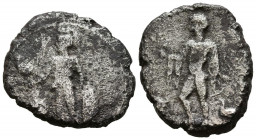 PAMPHYLIA, Side. Estátera. (Ar. 8,74g/23mm). 430-400 a.C. (SNG von Aulock 4767). Anv: Atenas estante a izquierda apoyándose sobre escudo y con búho en...