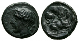 SICILIA, Piacus. Hemilitra. (Ae. 1,93g/14mm). 420-410 a.C. (AMB 396; Calciati III-1). Anv: Cabeza laureada del dios Symaithos a izquierda, delante ley...