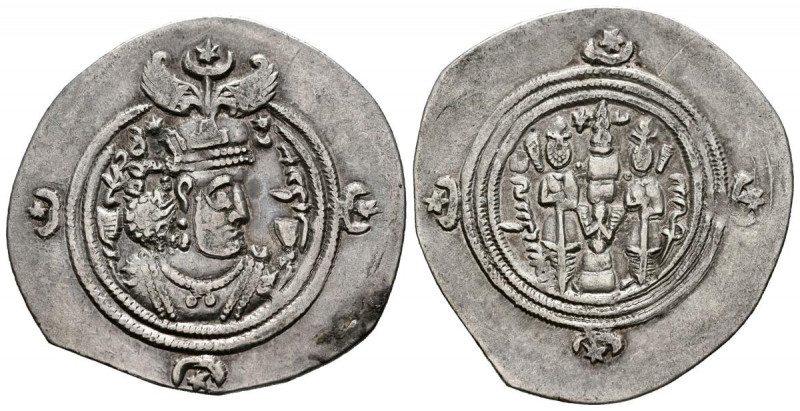 IMPERIO SASANIDA, Khusro II. Dracma. (Ar. 3,54g/31mm). Año 34. AHM (Hamadan). (G...