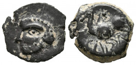 CARISA (Bornos, Cádiz). Semis. (Ae. 2,20g/16mm). 50 a.C. (FAB-453). Anv: Cabeza masculina a izquierda. Rev: Jinete con lanza y escudo a izquierda, deb...