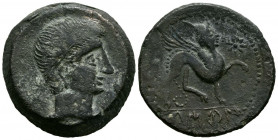 CASTULO (Cazlona, Jaén). As. (Ae. 15,43g/27mm). 180 a.C. (FAB-701). Anv: Cabeza masculina diademada a derecha, delante mano. Rev: Esfinge a derecha, d...