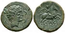 CELSE (Velilla de Ebro). As. (Ae. 18,83g/32mm). 120-50 a.C. (FAB-772). Anv: Cabeza masculina a derecha, rodeada de tres delfines. Rev: Jinete con palm...