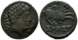 CONTERBIA CARBICA (Huete, Cuenca). As. (Ae. 8,86g/25mm). 120-80 a.C. (FAB-846). Anv: Cabeza masculina a derecha, detrás leyenda: CaRBiCa, delante delf...