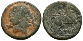 DAMANIU (Zona de Aragón). As. (Ae. 8,77g/24mm). 120-20 a.C. (FAB-890). Anv: Cabeza masculina a derecha, detrás X, delante delfín. Rev: Jinete con lanz...