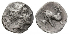 EMPORION (Ampurias, Gerona). Tritartemorion. (Ar. 0,47g/10mm). 220-150 a.C. (FAB-1105). Anv: Cabeza femenina a derecha. Rev: Pegaso volando a derecha....