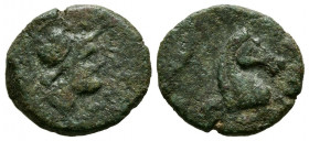 UNTICESCEN (Ampurias, Gerona). Sextante. (Ae. 2,53g/15mm). 130-90 a.C. (FAB-1236). Anv: Cabeza de Palas a derecha, alrededor leyenda ibérica: UNTiCeSC...