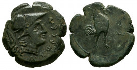 UNTICESCEN (Ampurias, Gerona). Cuadrante. (Ae. 4,62g/18mm). 130-90 a.C. (FAB-1240). Anv: Cabeza de Palas a derecha, delante leyenda ibérica: UNTiCeSCe...